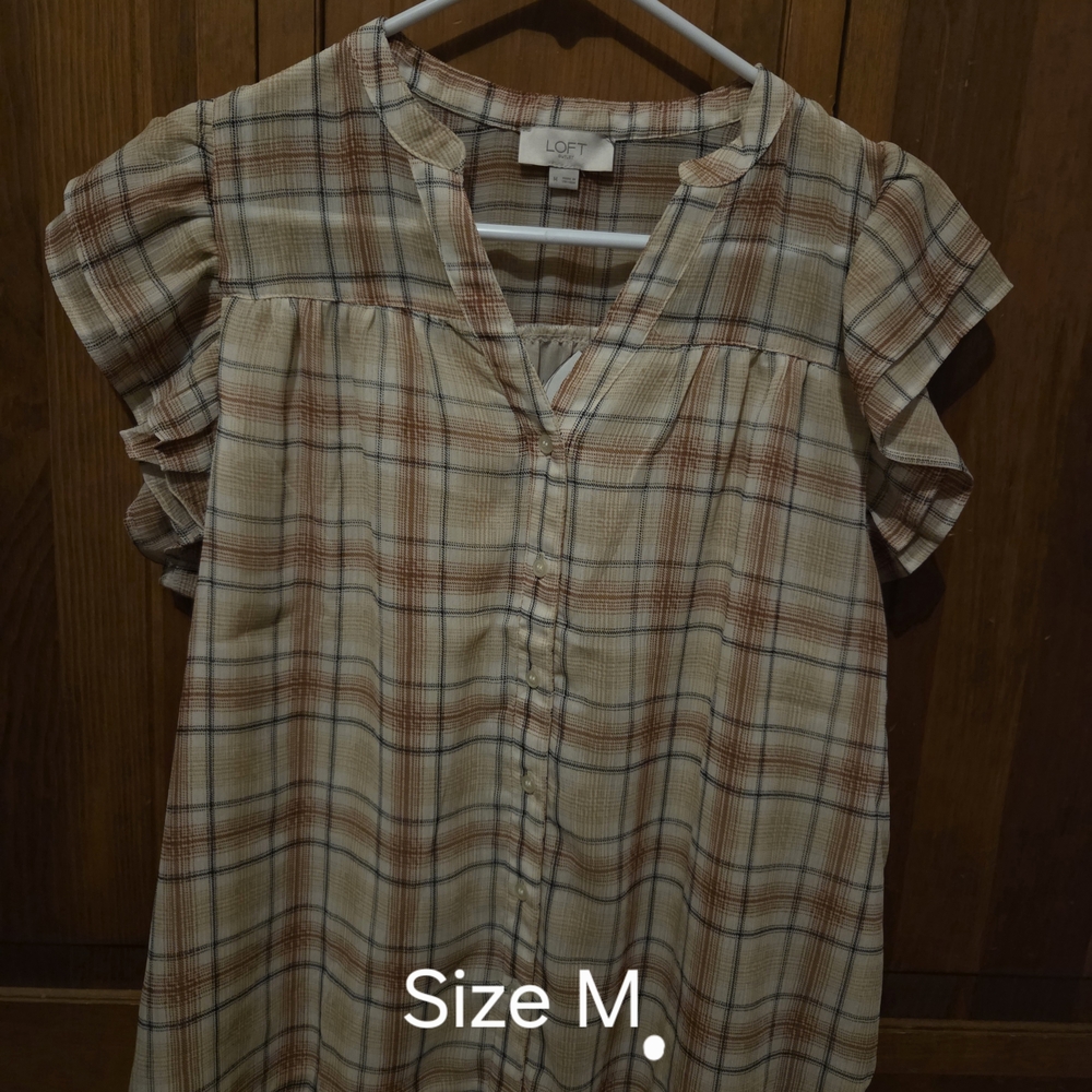 LOFT Checkered Ruffle Sleeve Blouse - Brown and Cream